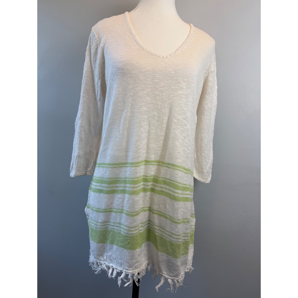 J. Jill Linen Cotton Knit Tunic‎ Sweater XS Cream Green Boho Fringe Swim Cover